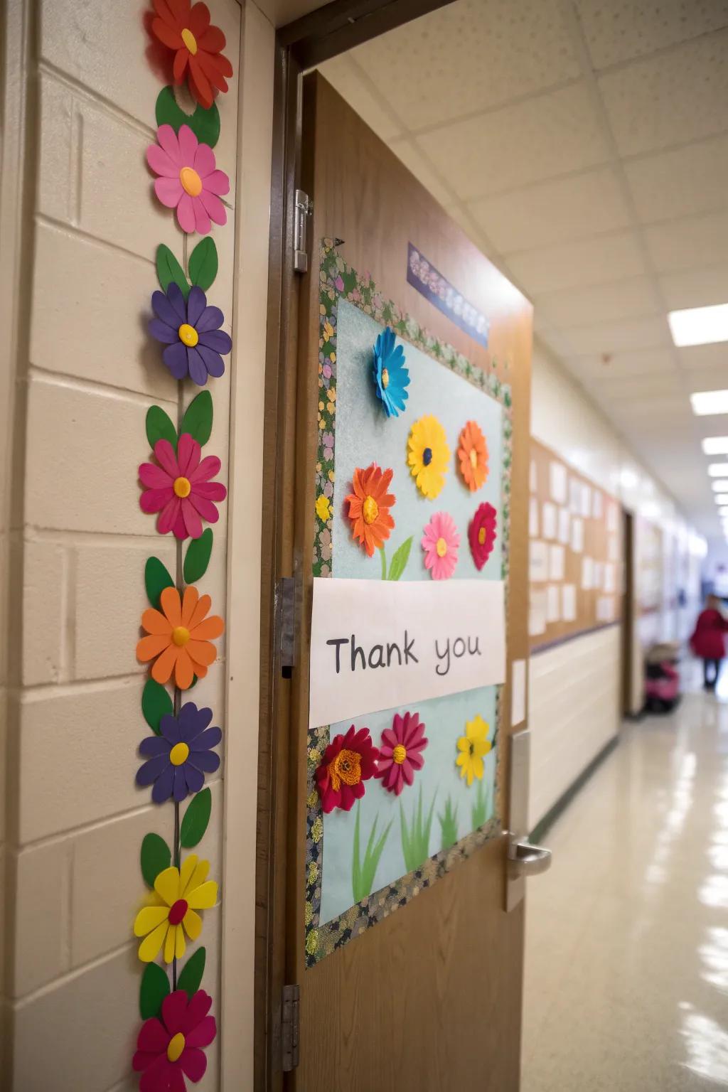 Expressing gratitude through a blossom-filled garden on a classroom door.