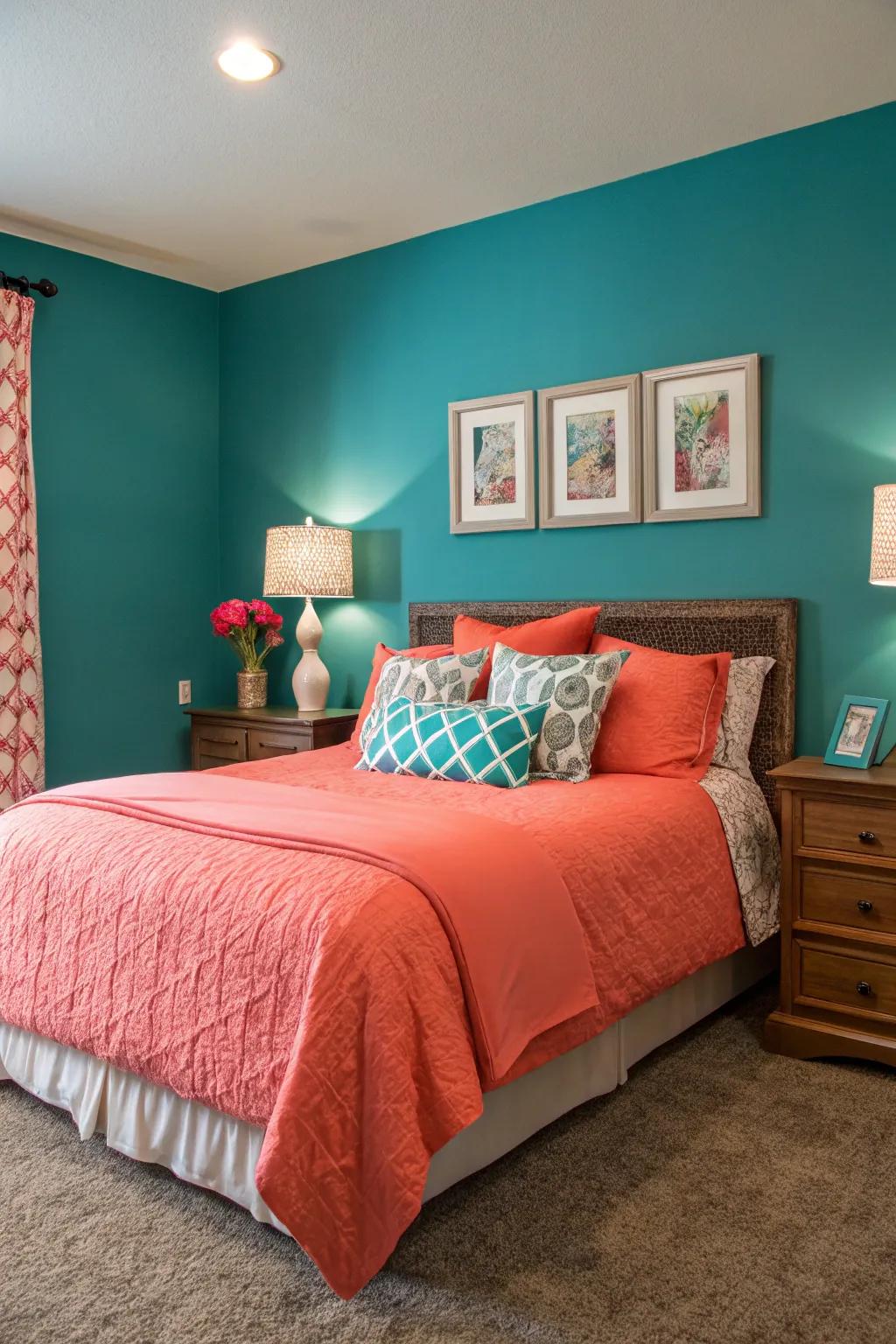 Teal focus wall beautifully complemented with coral accents.