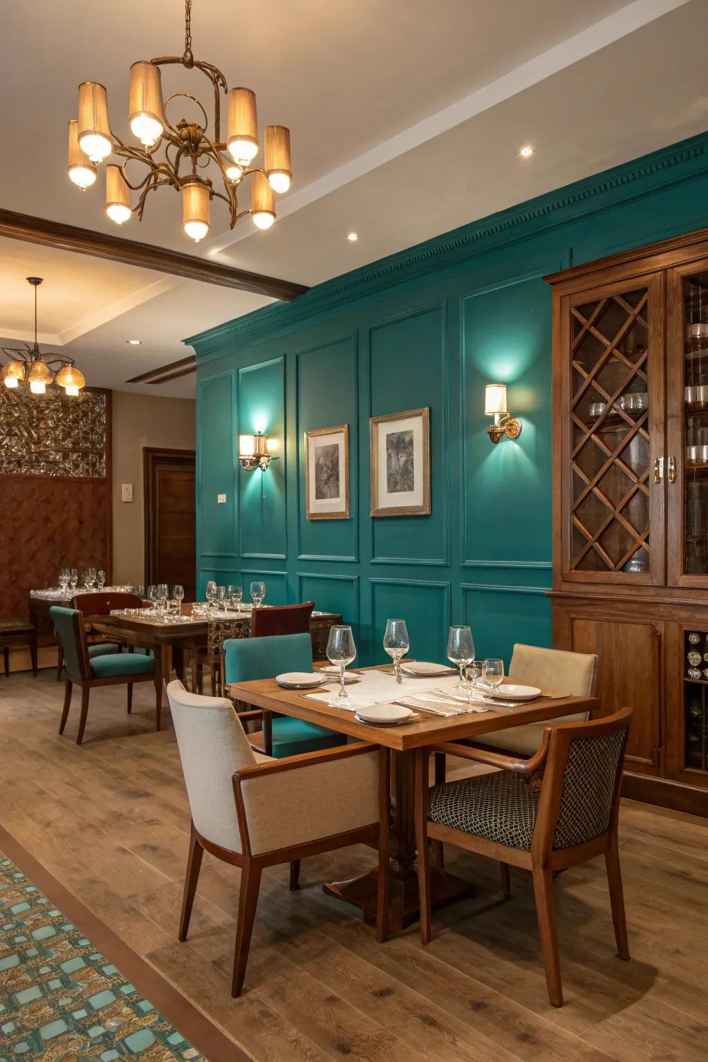 A teal focal wall makes a striking design statement in this dining area