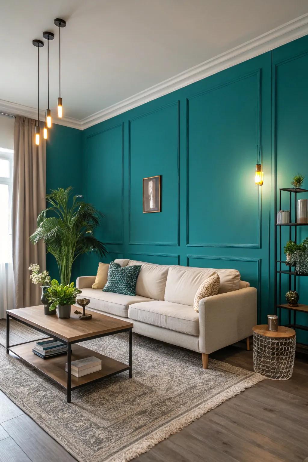 This living room's teal feature wall brings a sense of depth and refinement.