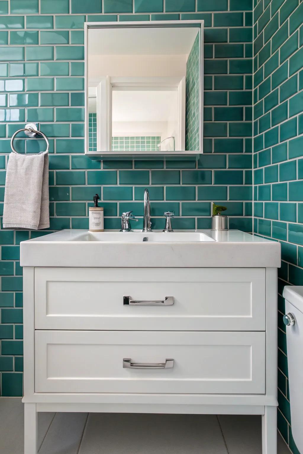 Teal brick tiles give a classic bathroom design a fresh feel.