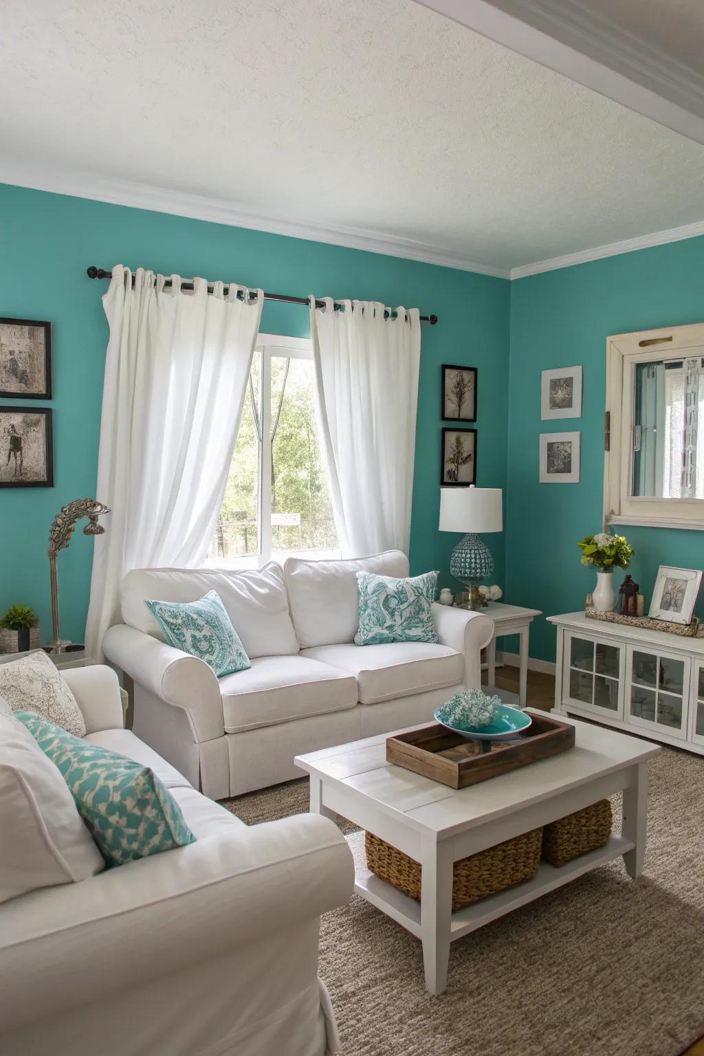 Teal walls create a bold effect, softened by sharp white details.