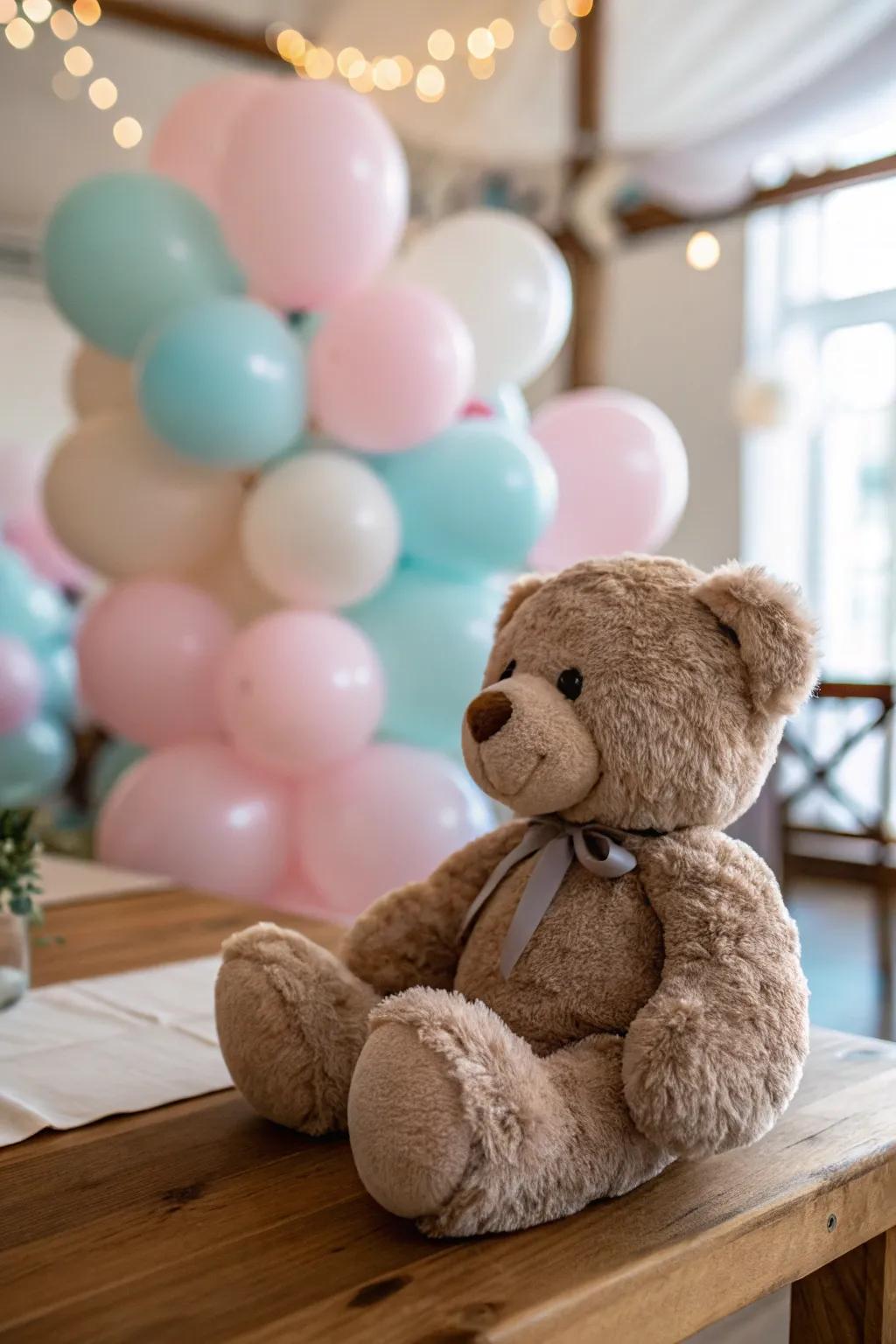 Cuddle toy with soft-tone sky orbs crafts a whimsical centerpiece.