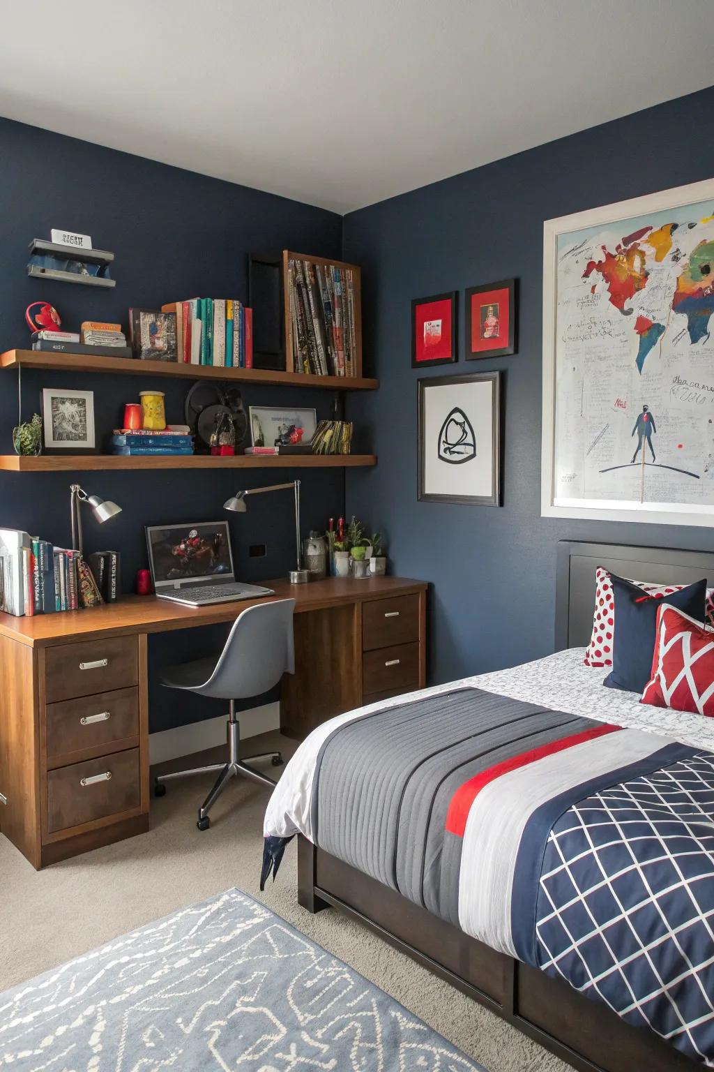 A teen boy's room featuring bold, dark blue walls, adding a touch of class and character.