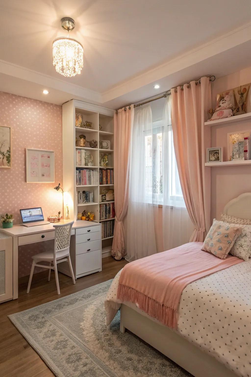 A peaceful teen girl bedroom showcasing gentle pastel colors for a calming influence.