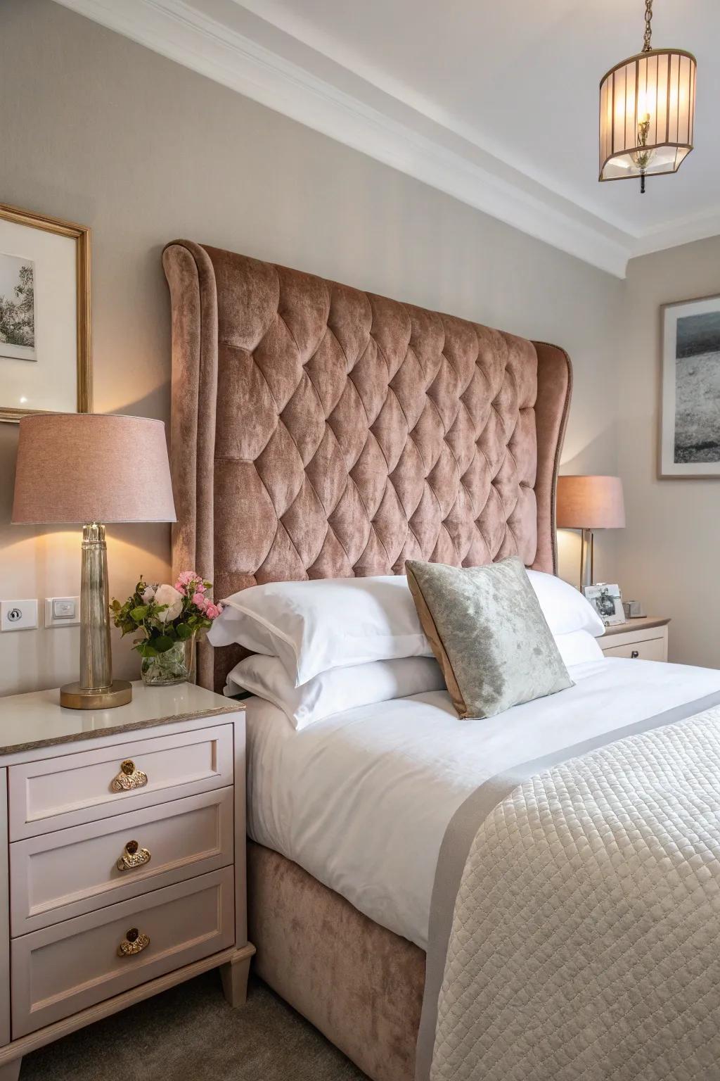 Using a rose gold headboard as the room's focal point can completely transform the space.