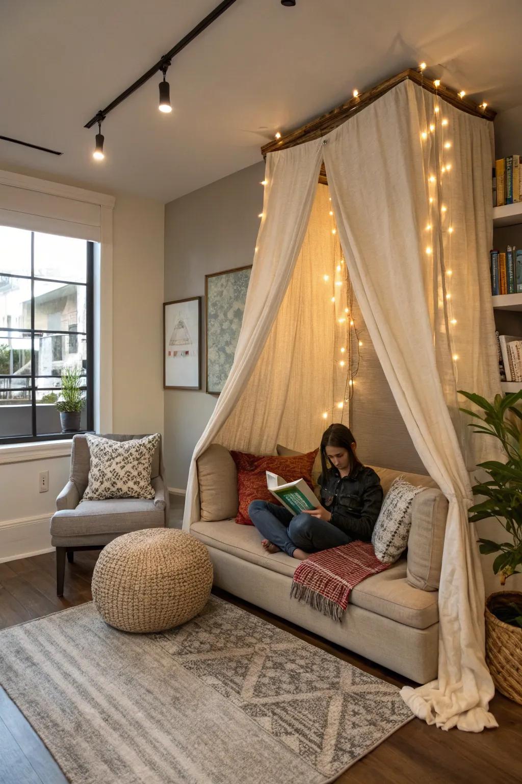 Textile hangings define a cozy reading spot within a modern living space.