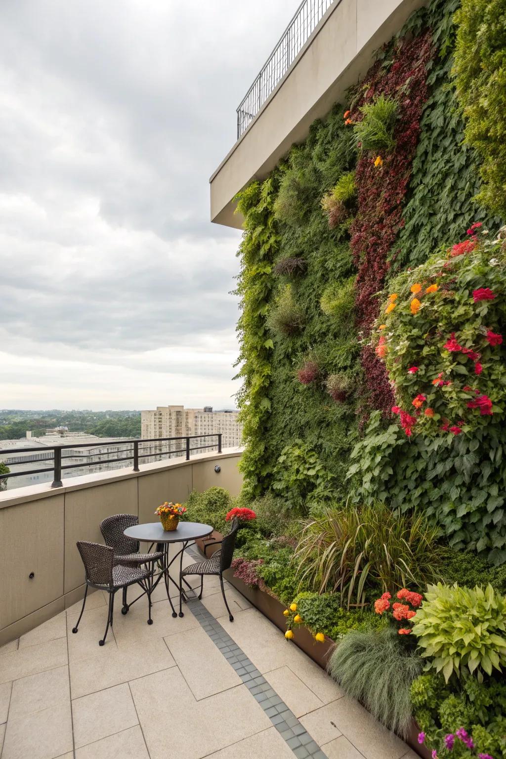 Vertical gardens bring life and color to terrace walls.