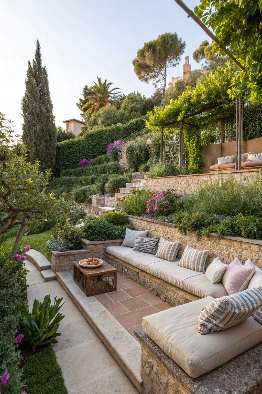 A terraced garden showcases a comfortable seating area with soft pillows, ideal for relaxing.