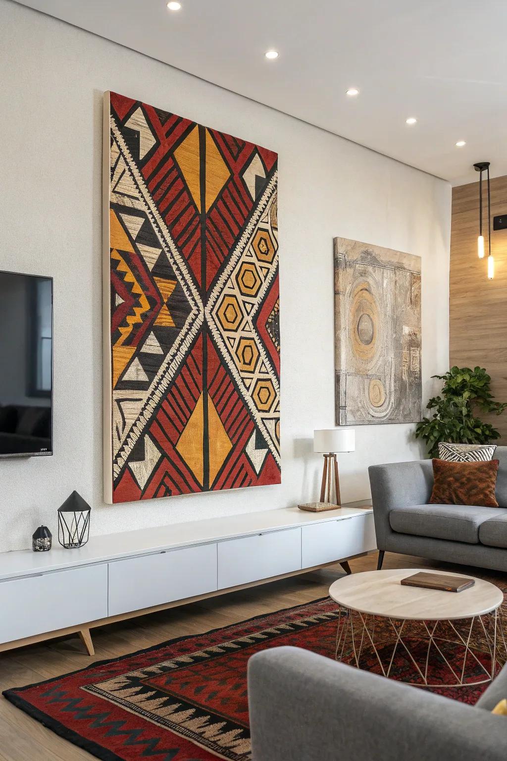 This chic living room is given a modern touch by a striking piece of geometric textured art.