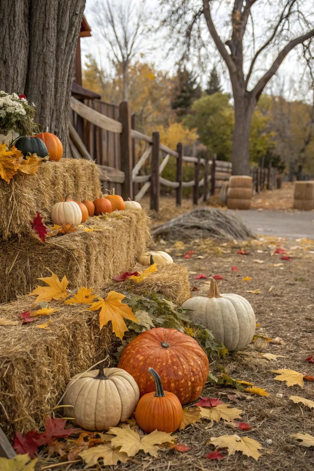 Create a warm harvest scene with pumpkins and hay bales.