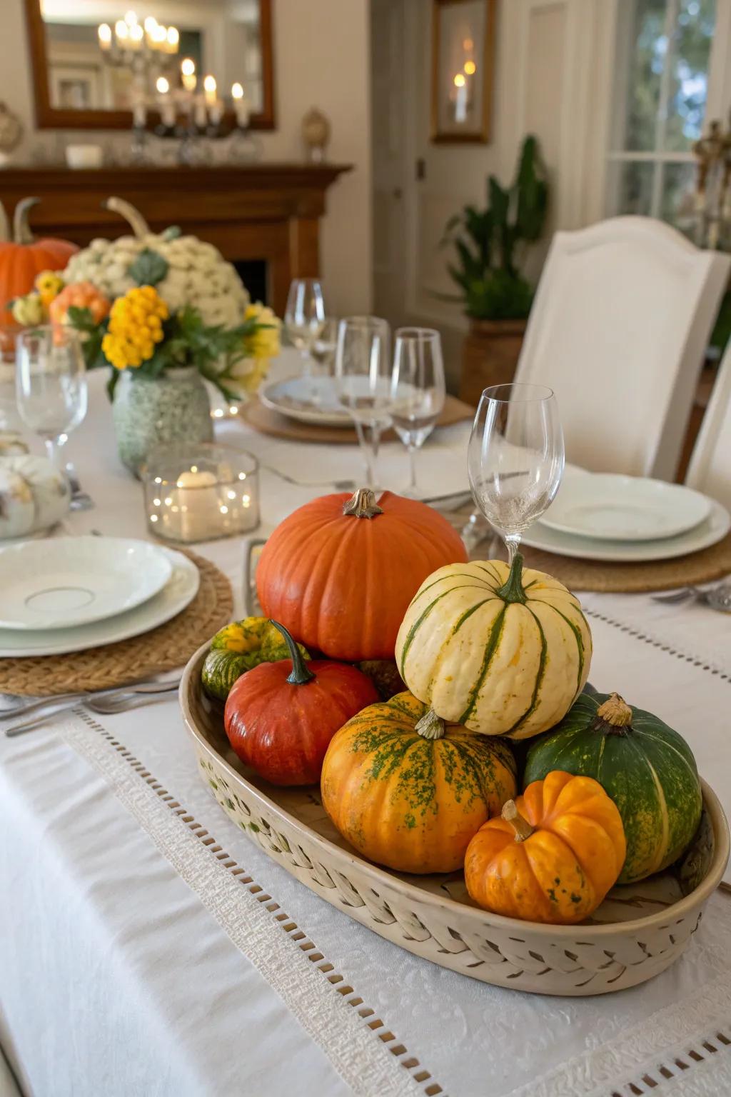 A mix of white and orange gourds makes for an elegant centerpiece.