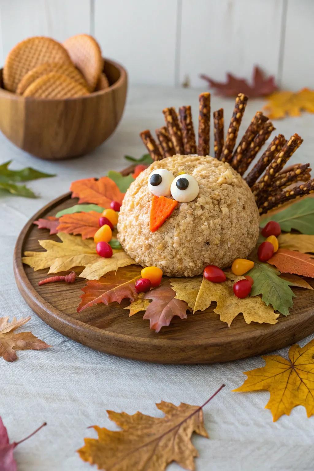 A classic turkey cheeseball with pretzel feathers.