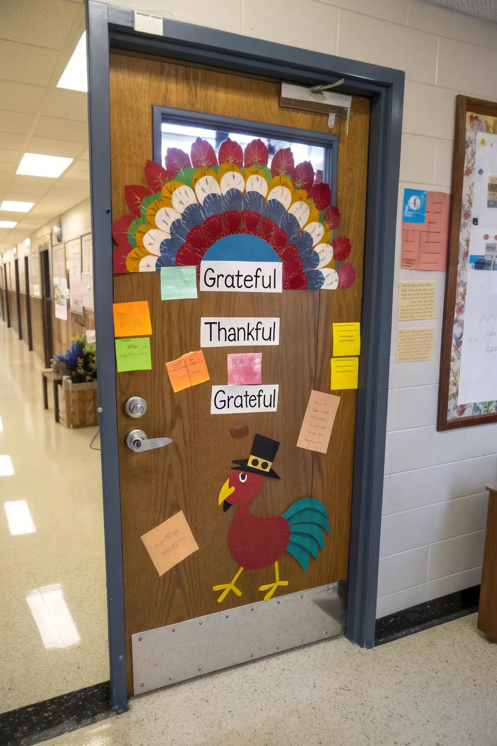 A Thankful Turkey door design featuring students' messages of gratitude.