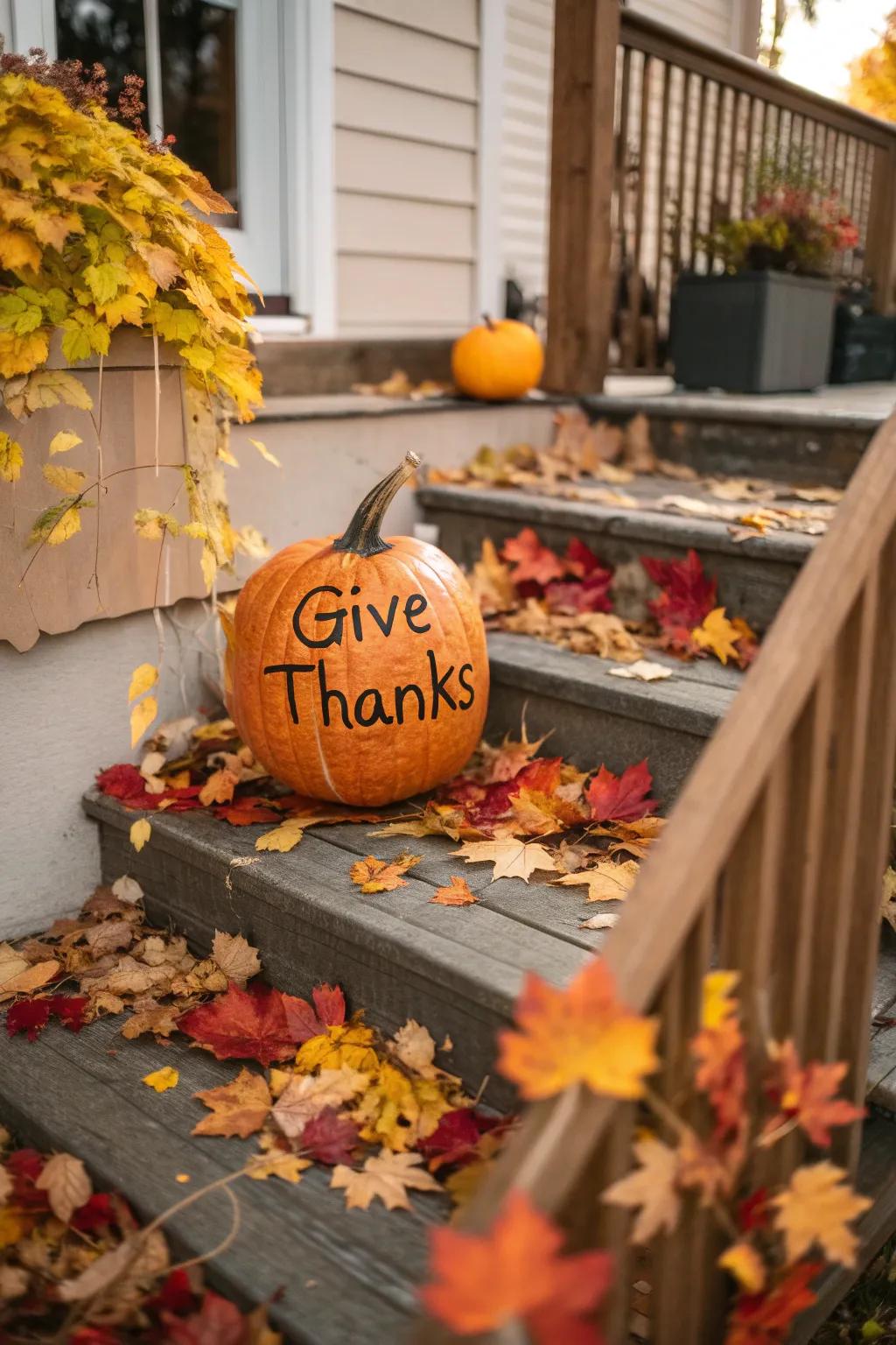 A pumpkin engraved with a thoughtful Thanksgiving message.