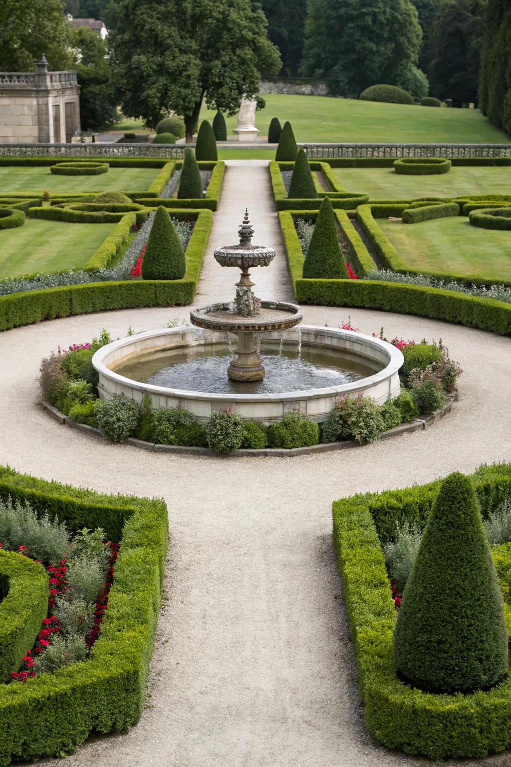 A formal garden featuring symmetrically arranged hedges and a traditional stone water feature.