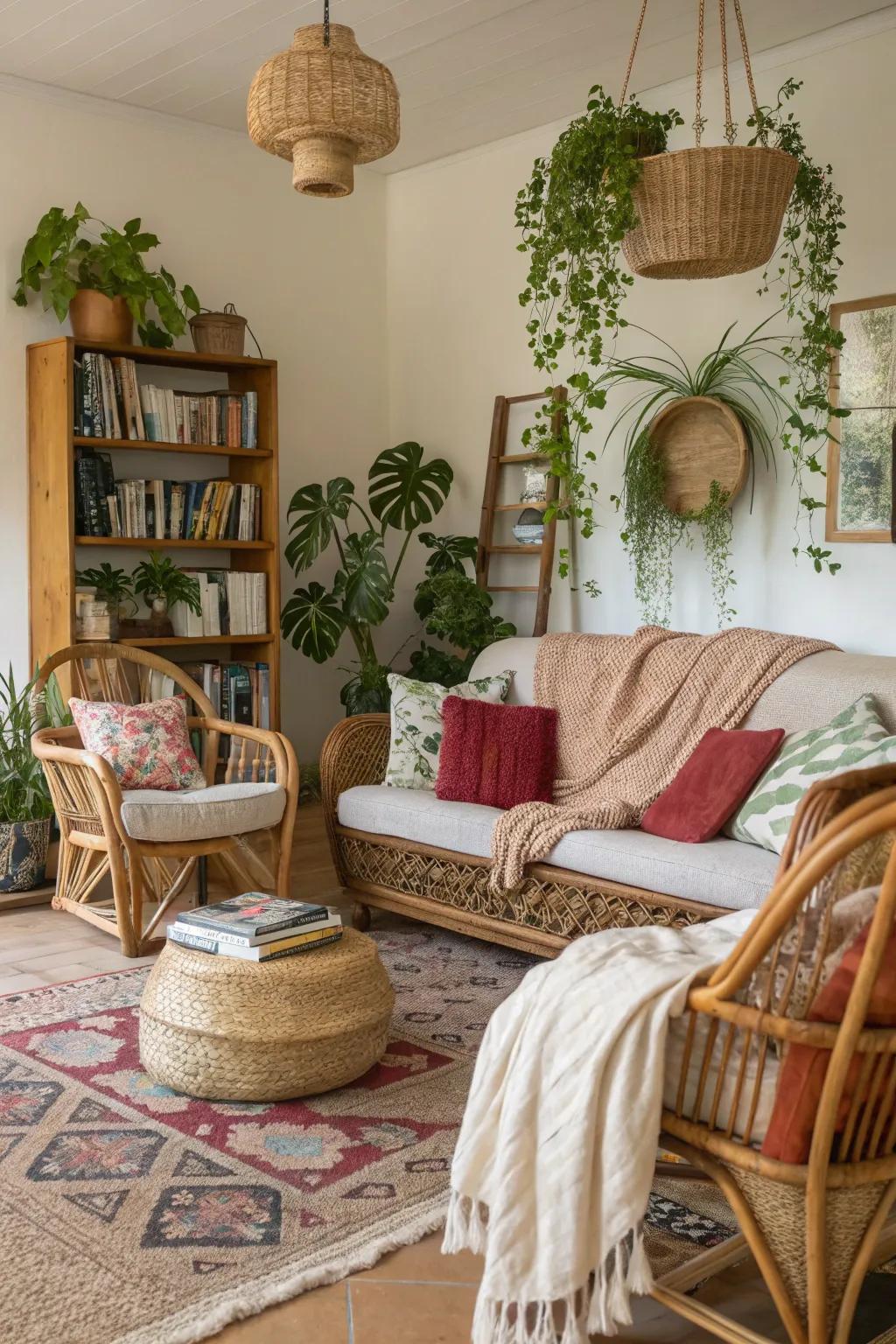 A bohemian living room featuring abundant fabrics and natural components.
