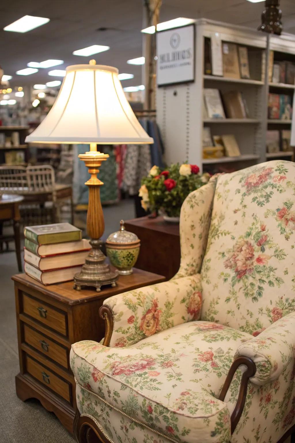 A relaxing reading nook made using secondhand shop finds.