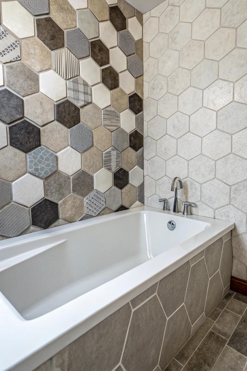Hexagonal tiles bring a modern geometric flair to any bathtub space.