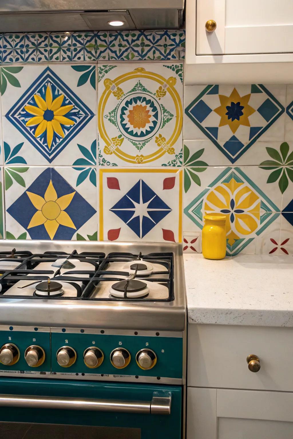 Striking geometric designs create a statement behind the stove.
