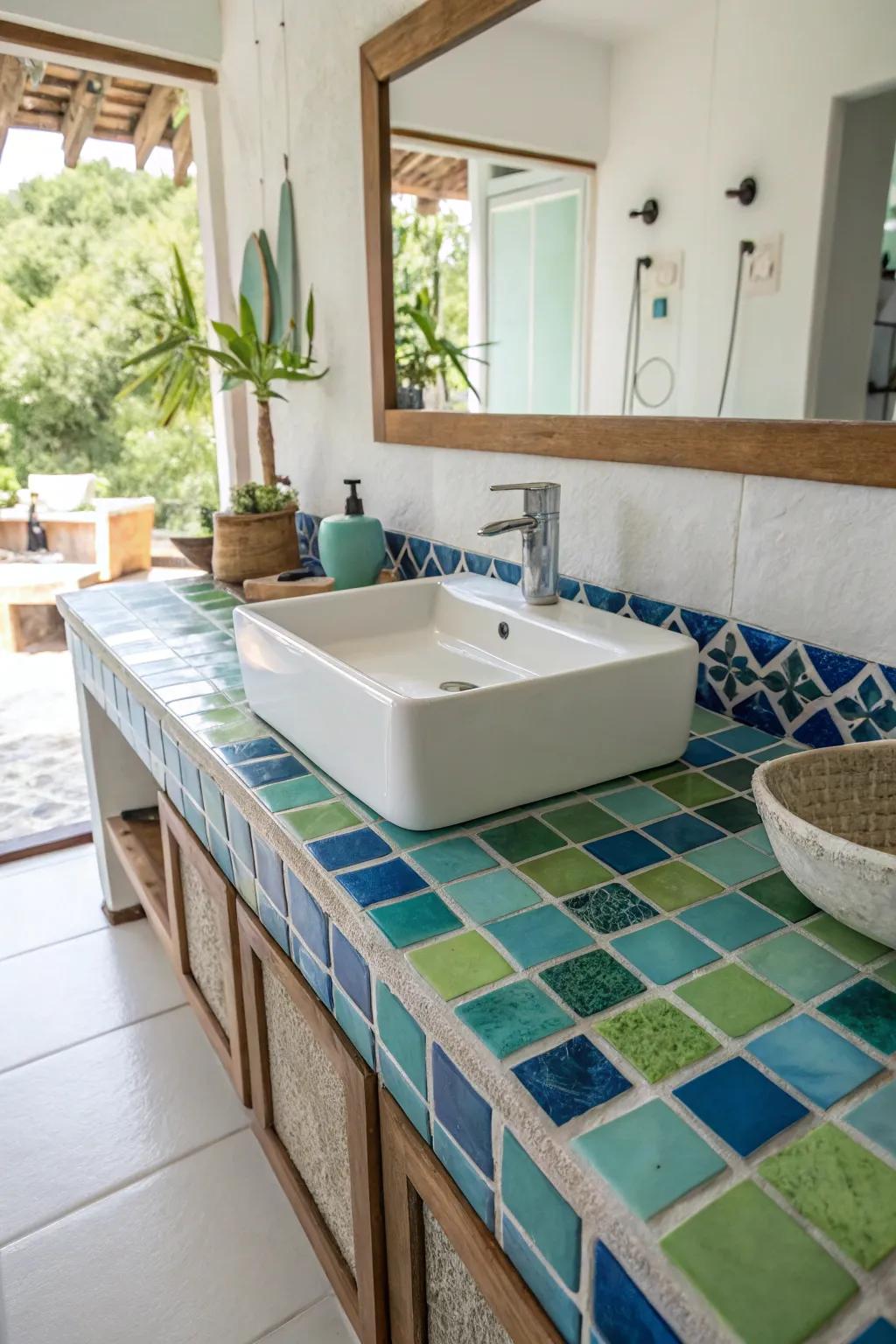 A spirited splash of color with lively blue and green squares.