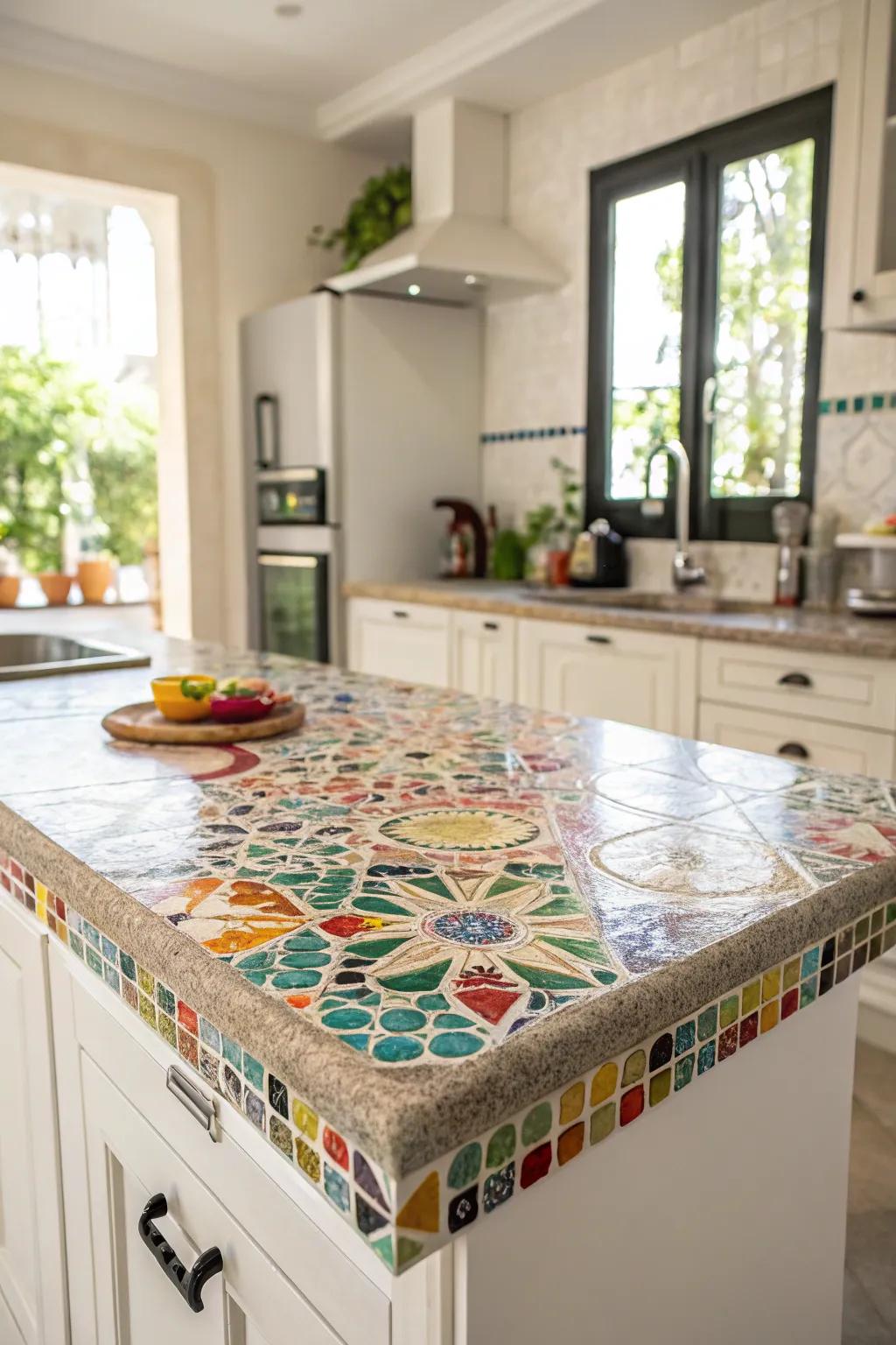 Mosaic tiles introduce an artistic element to this vibrant kitchen.