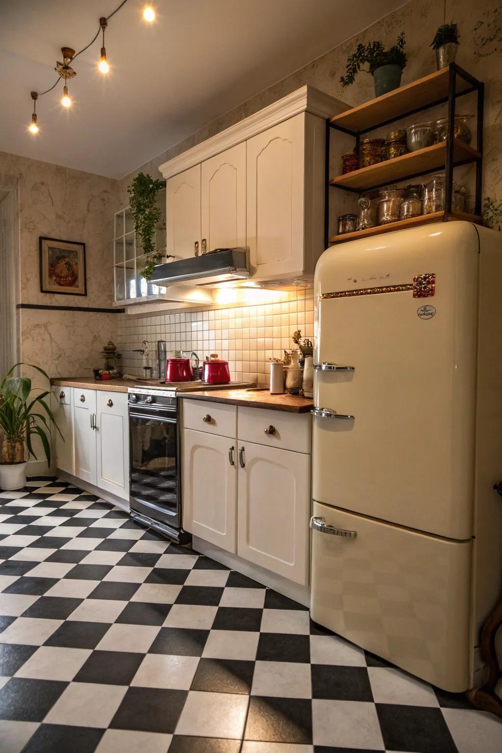 This charming kitchen is enhanced by a checkerboard tile floor, which adds a vintage touch.