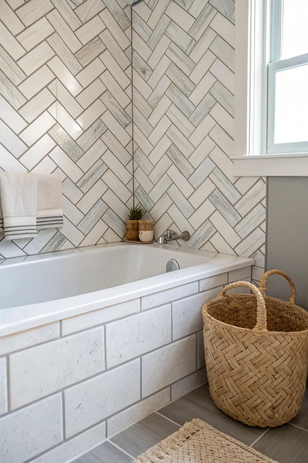 Refine your bathroom with the classic allure of herringbone design. #ScandiBohoBeauty #BathroomRetreat