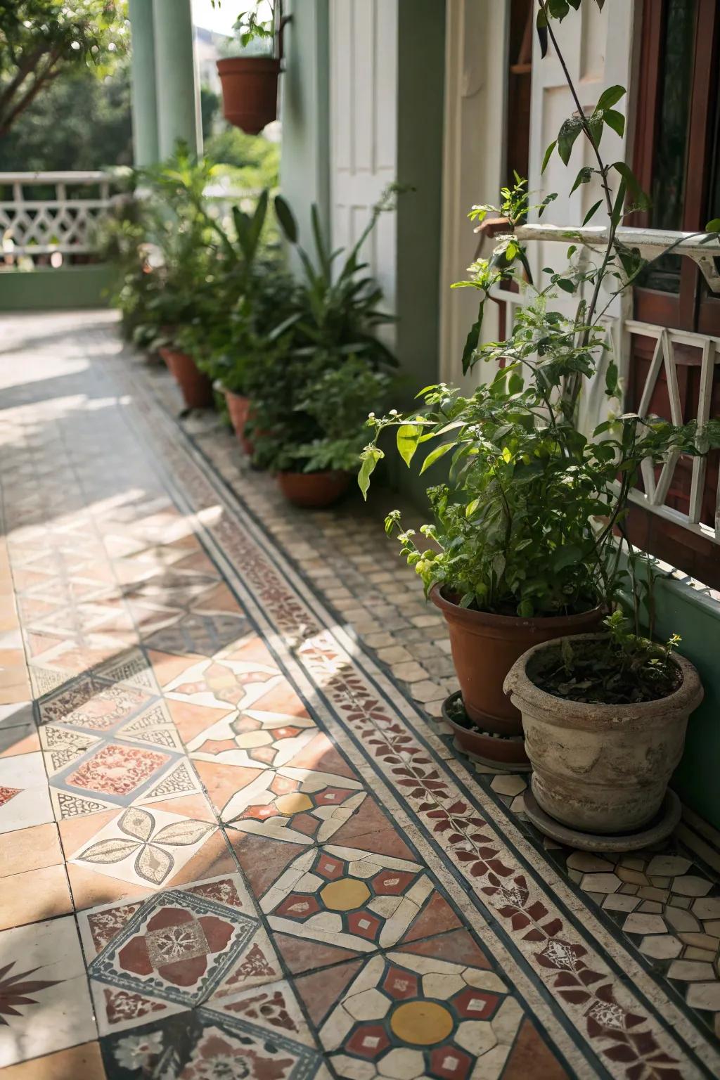 Vintage patterned tiles give this inviting porch a nostalgic feel.