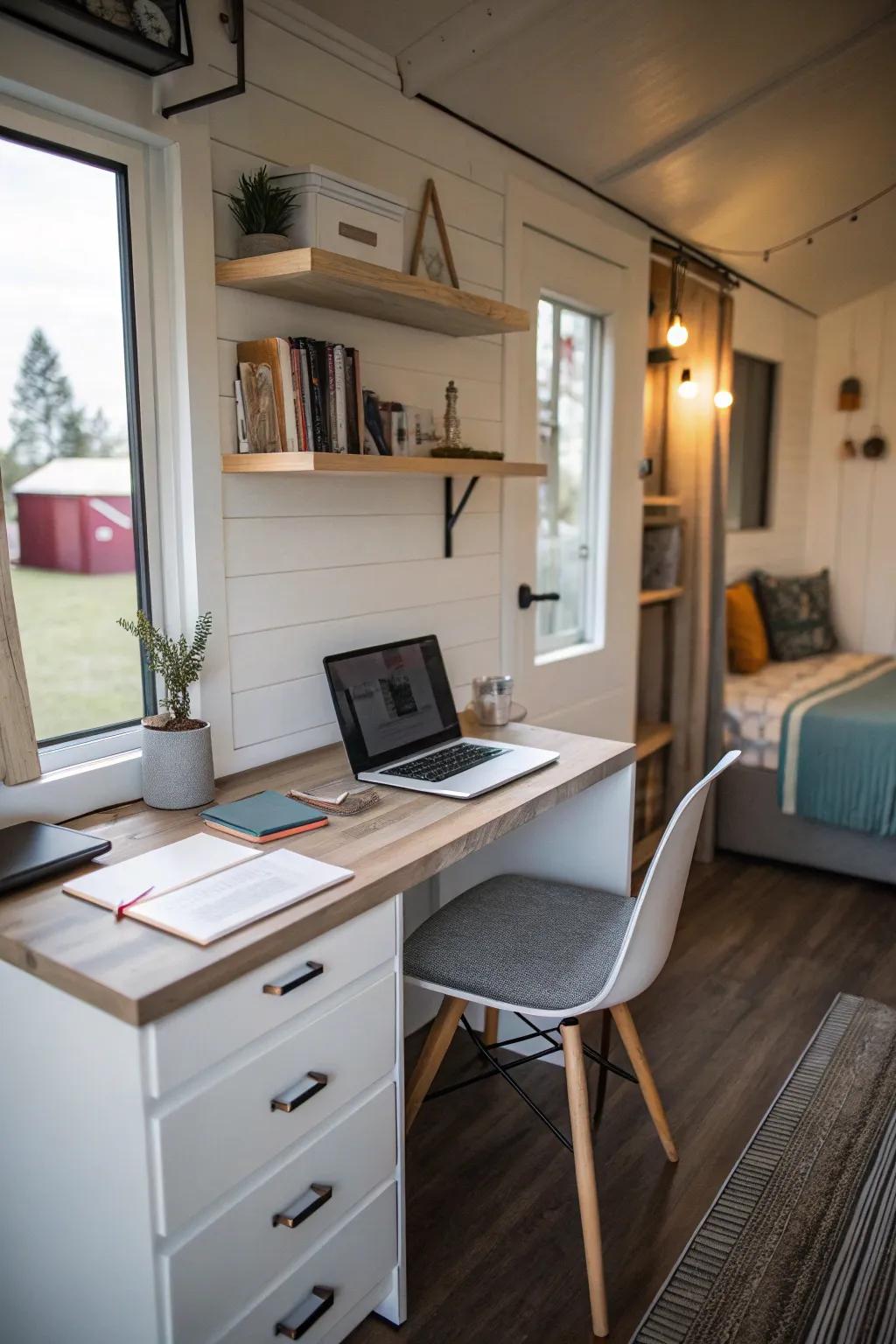 A small desk is a great fit in a comfy nook.
