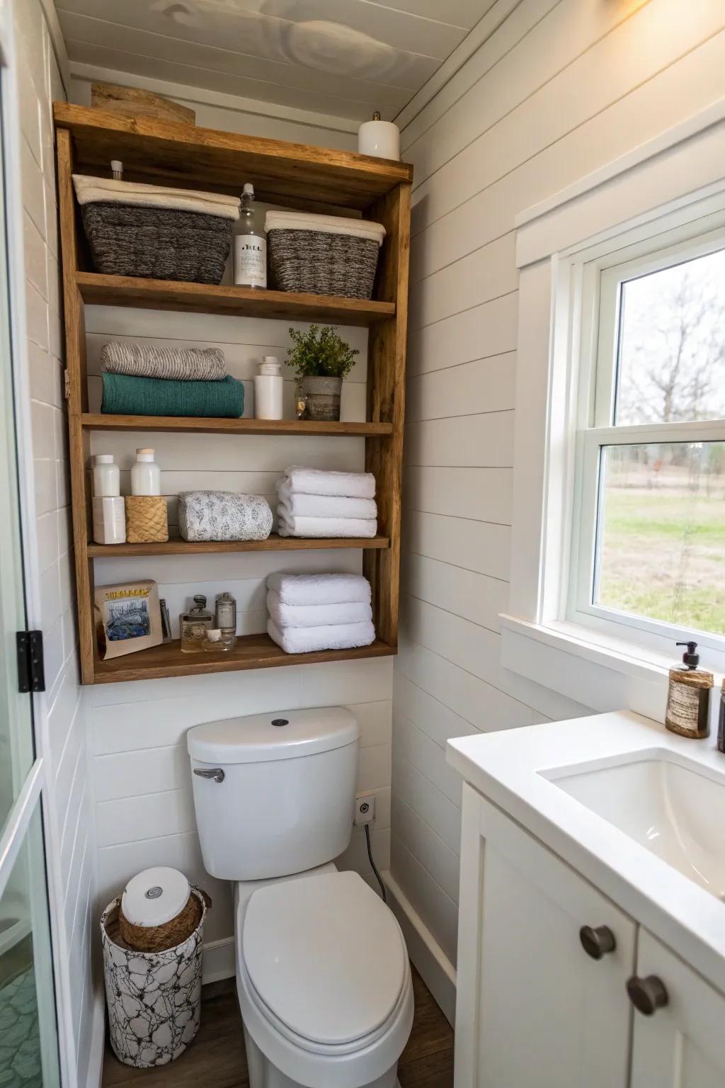 In this small bathroom, maximizing vertical storage makes every inch count.