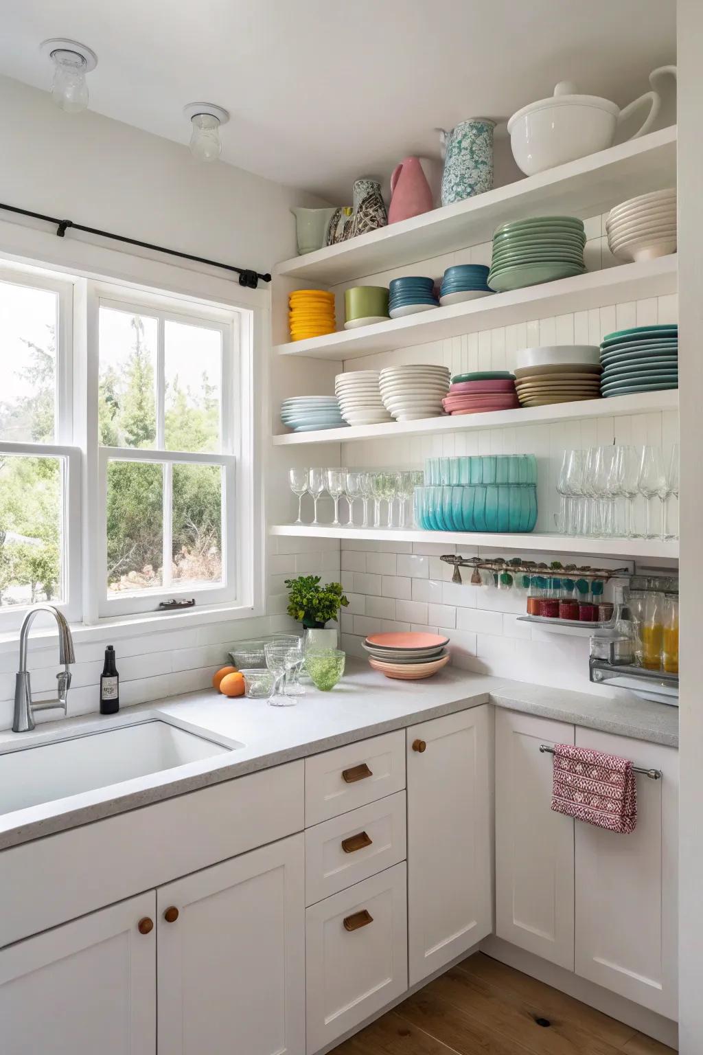 Open shelves bring an element of spaciousness and flair to a diminutive kitchen.