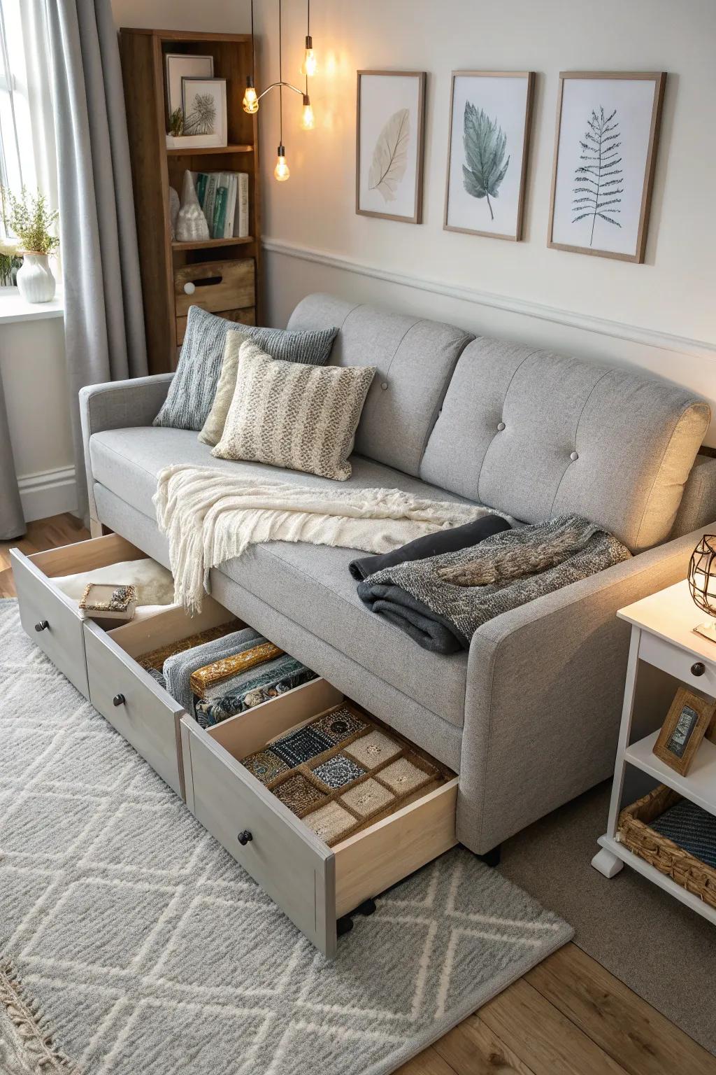 A multifunctional sofa bed with hidden storage enhancing a tiny house living area