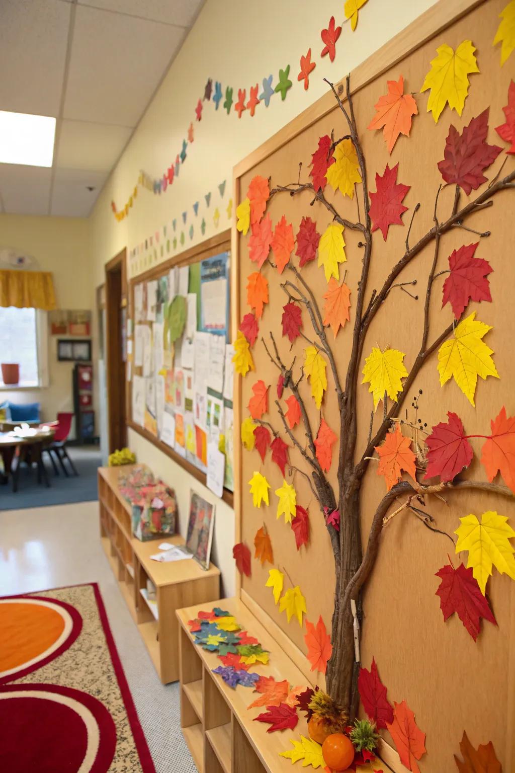 A board decorated for autumn showcasing colorful paper leaves.