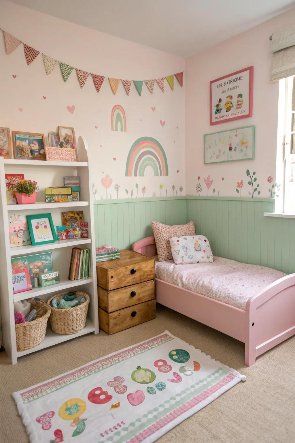 A toddler girl's room in pastel tones, accented with gentle decor.