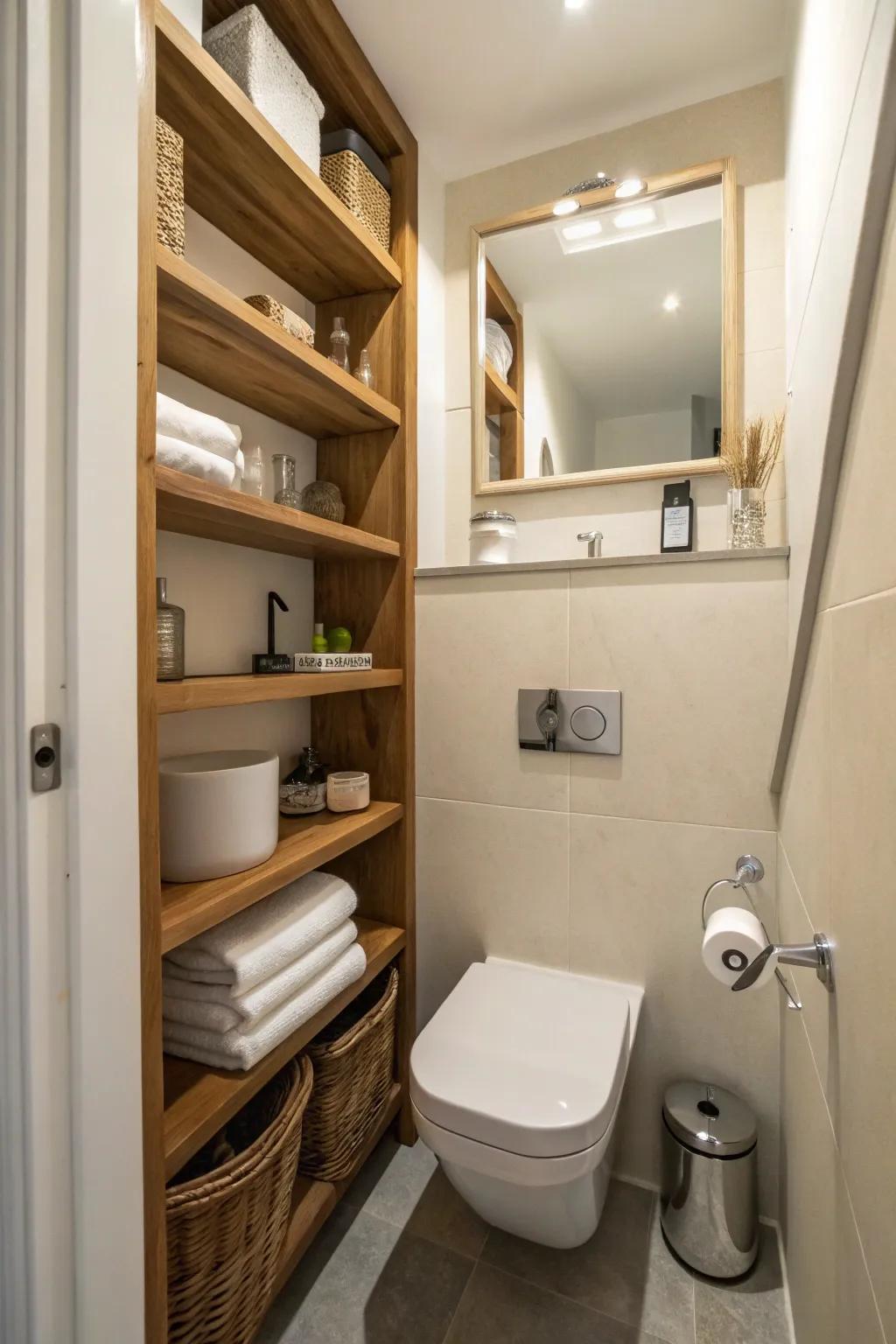 Efficient space utilization via integrated shelves in a small washroom.