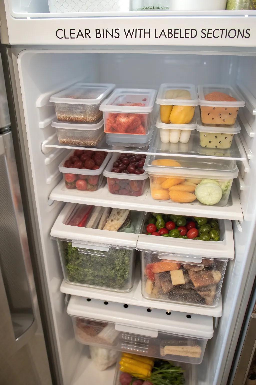 Well-organized clear bins, neatly labeled, storing a variety of food items inside a top freezer.