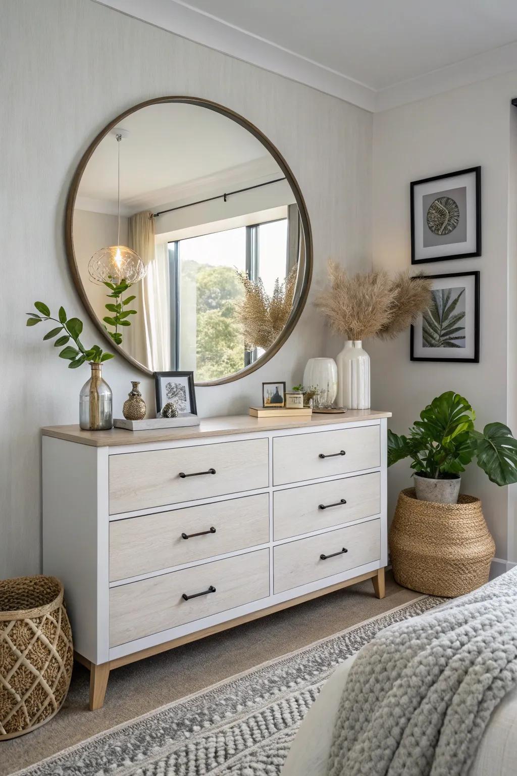 A round mirror brings sophistication and depth to a dresser arrangement.