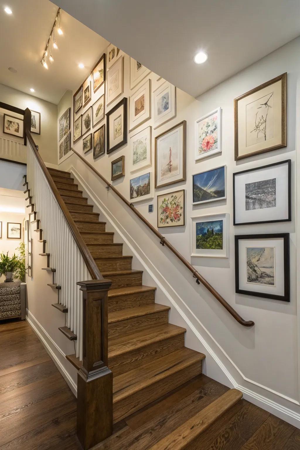 A picture display infuses character into the top of your staircase.