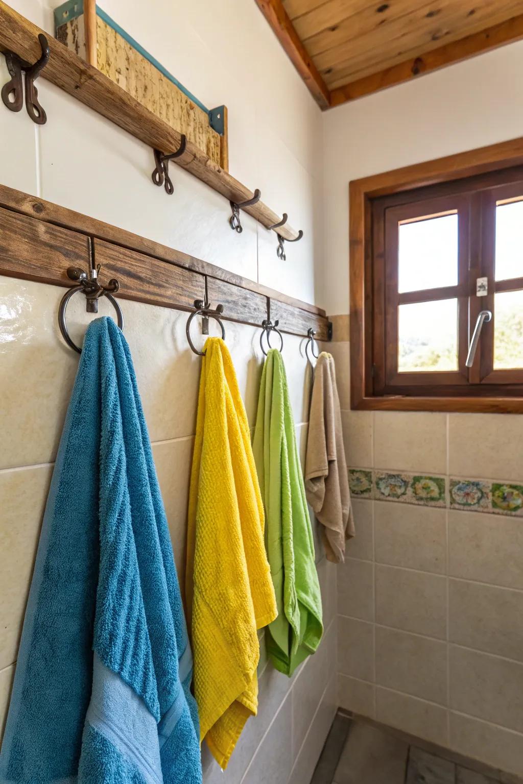 Wall-mounted hooks are a fashionable and functional way to store your towels.