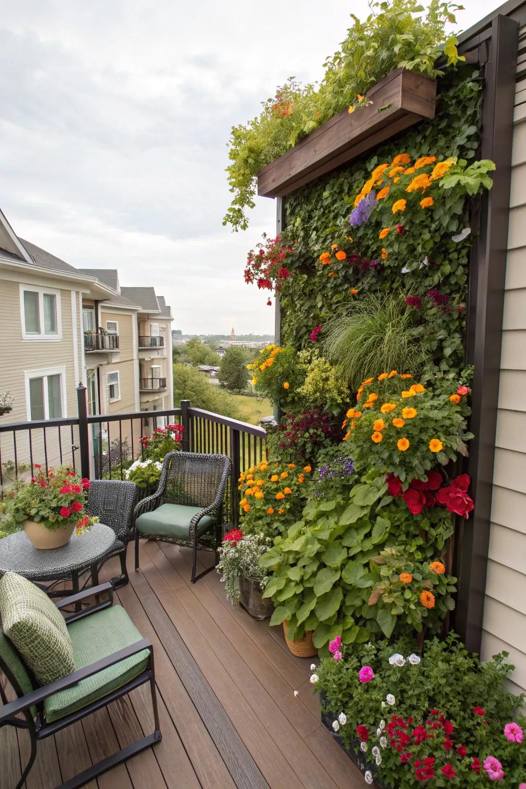 A vertical garden brings artistic and lively greenery to a deck wall.