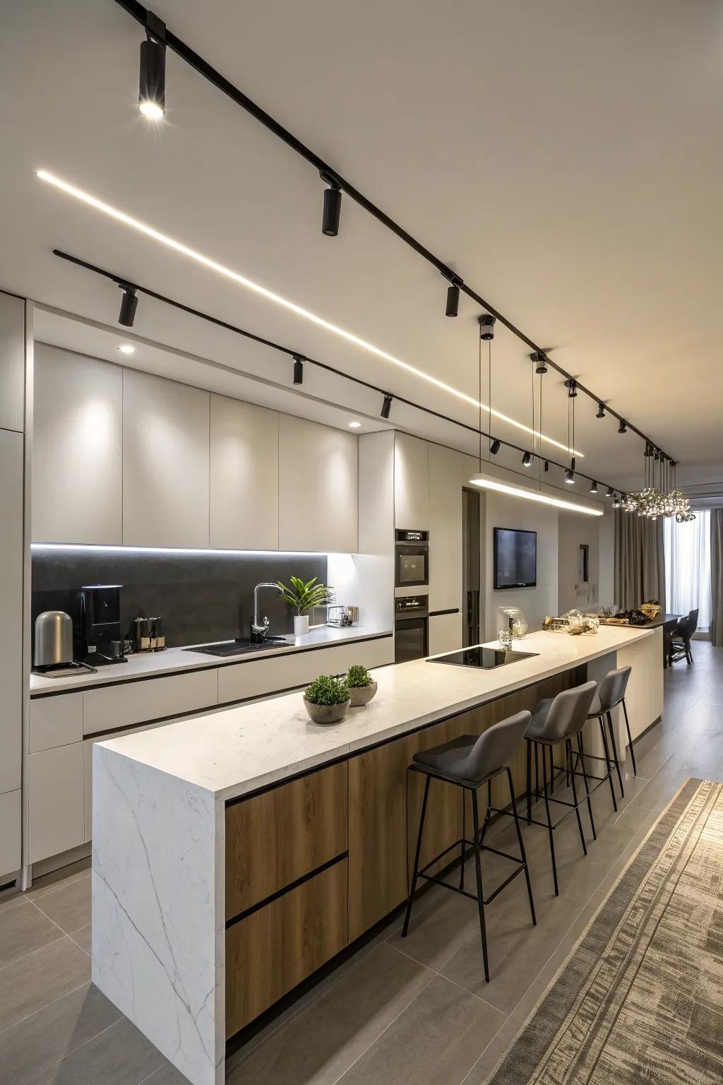 Straight track illumination highlighting a chic kitchen countertop