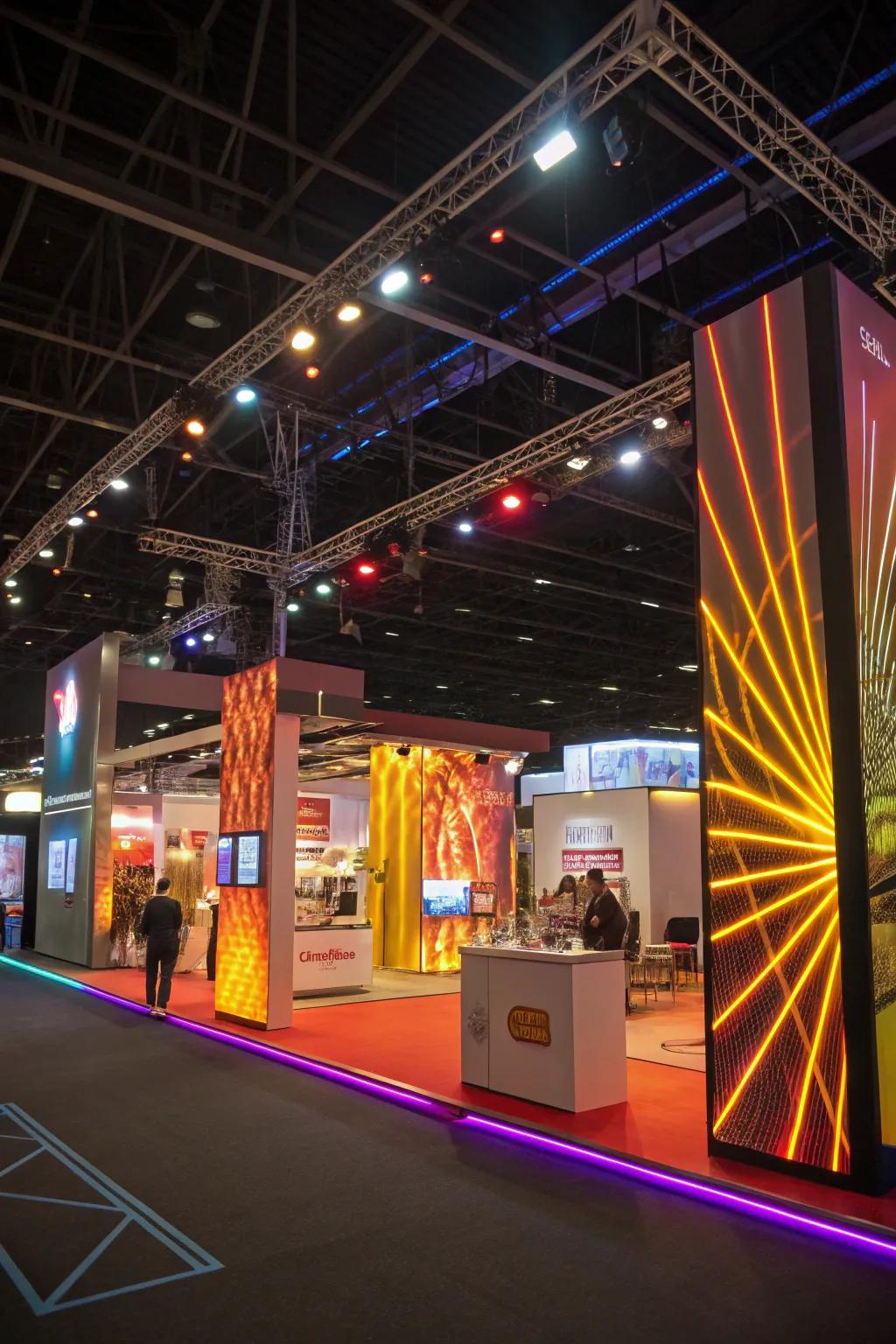 Vibrant lighting setups that foster an energetic and captivating environment at any trade fair.