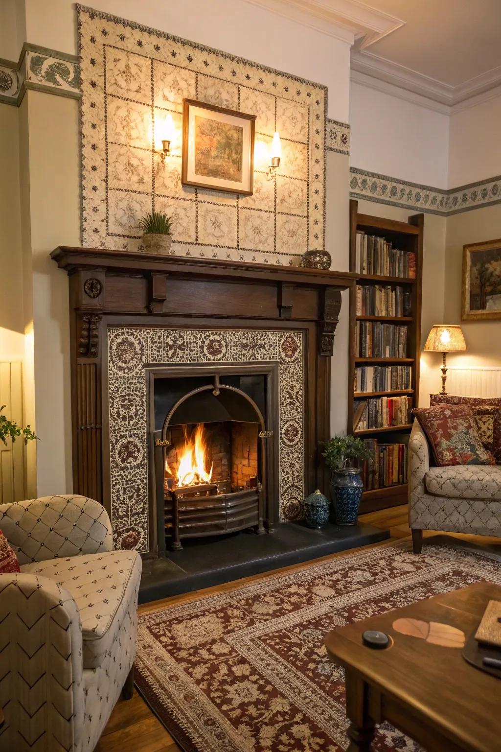 A traditional fireplace elevated with glazed Victorian tiles.
