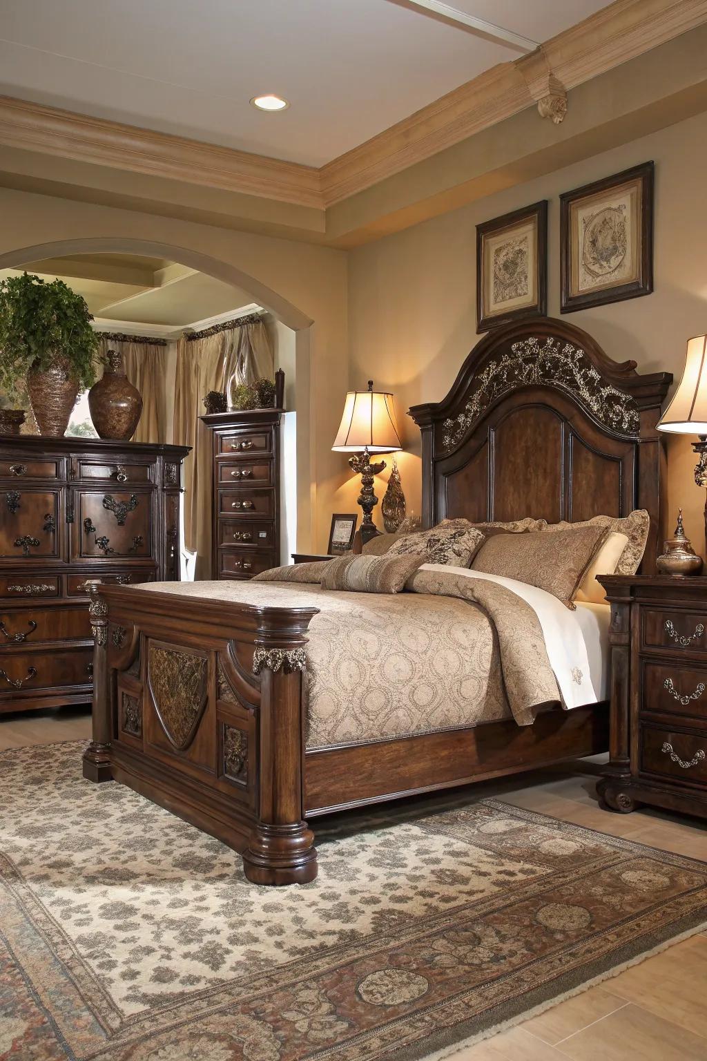 Sophisticated wood furnishings bring refinement and coziness to your bedroom.