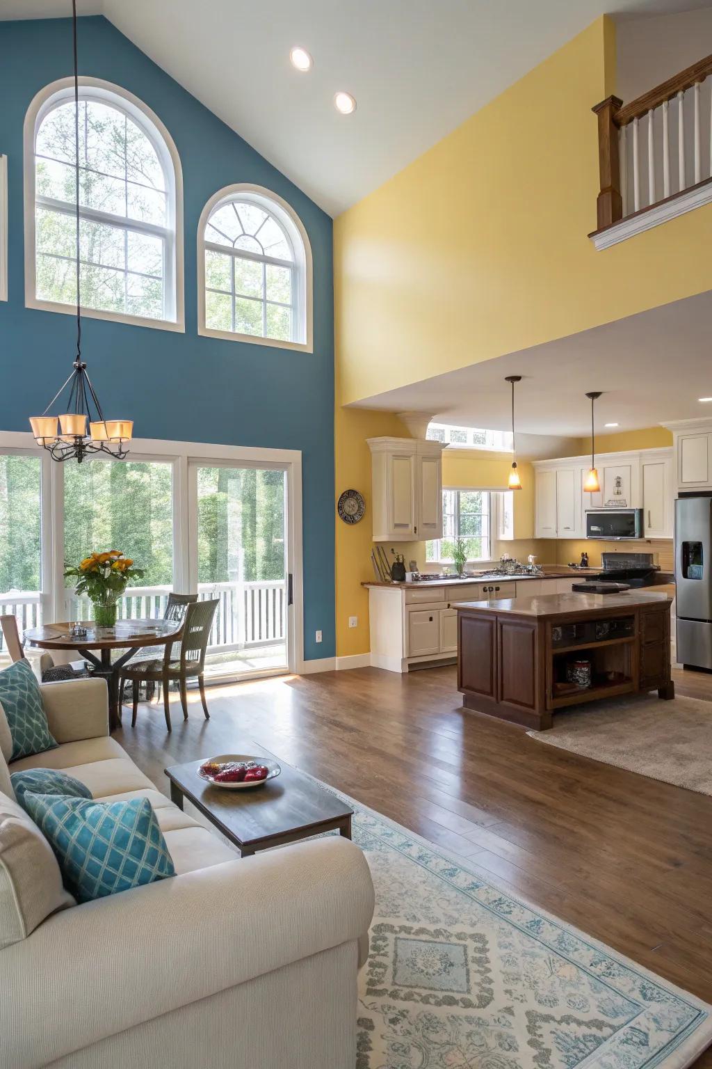 Harmonizing colors smoothly connect the cooking and living zones.