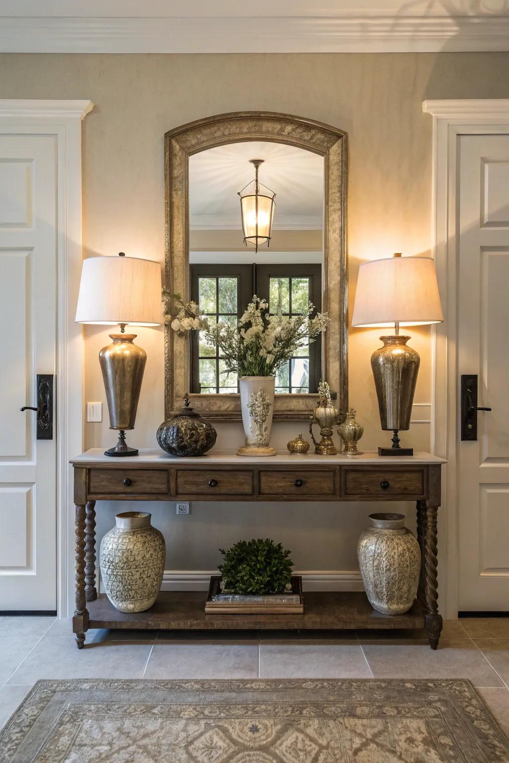 Symmetry in design creates a harmonious and refined entryway.
