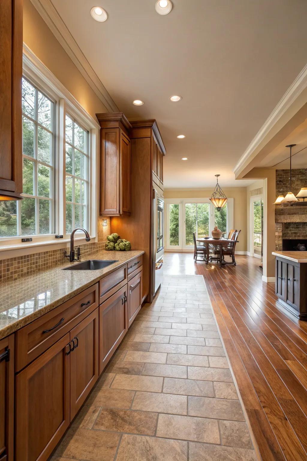 Achieve a seamless flow with wood-to-tile transitions.