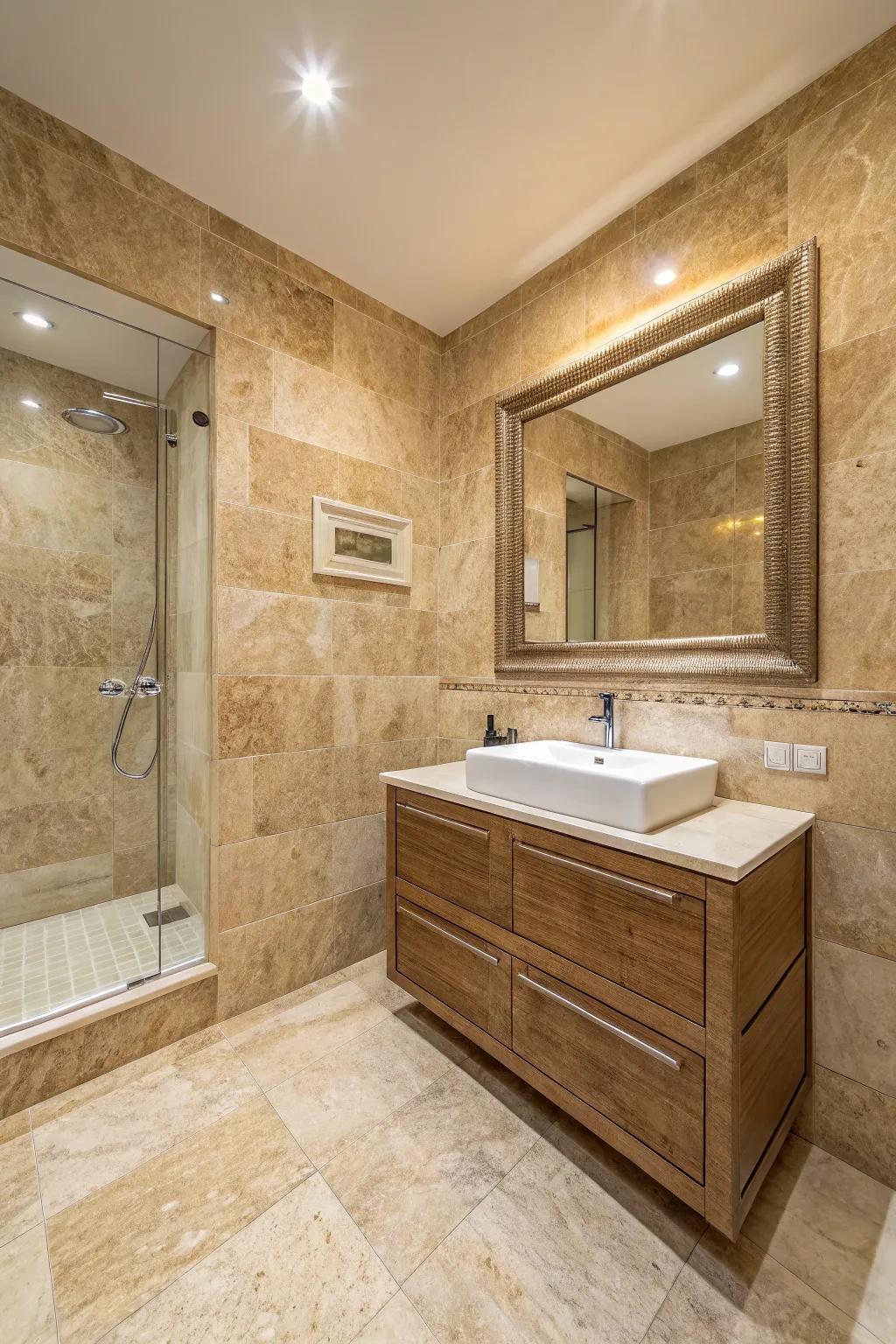 A bathroom showcased with complete travertine tile cladding on the walls and floors for a unified and upscale appearance.