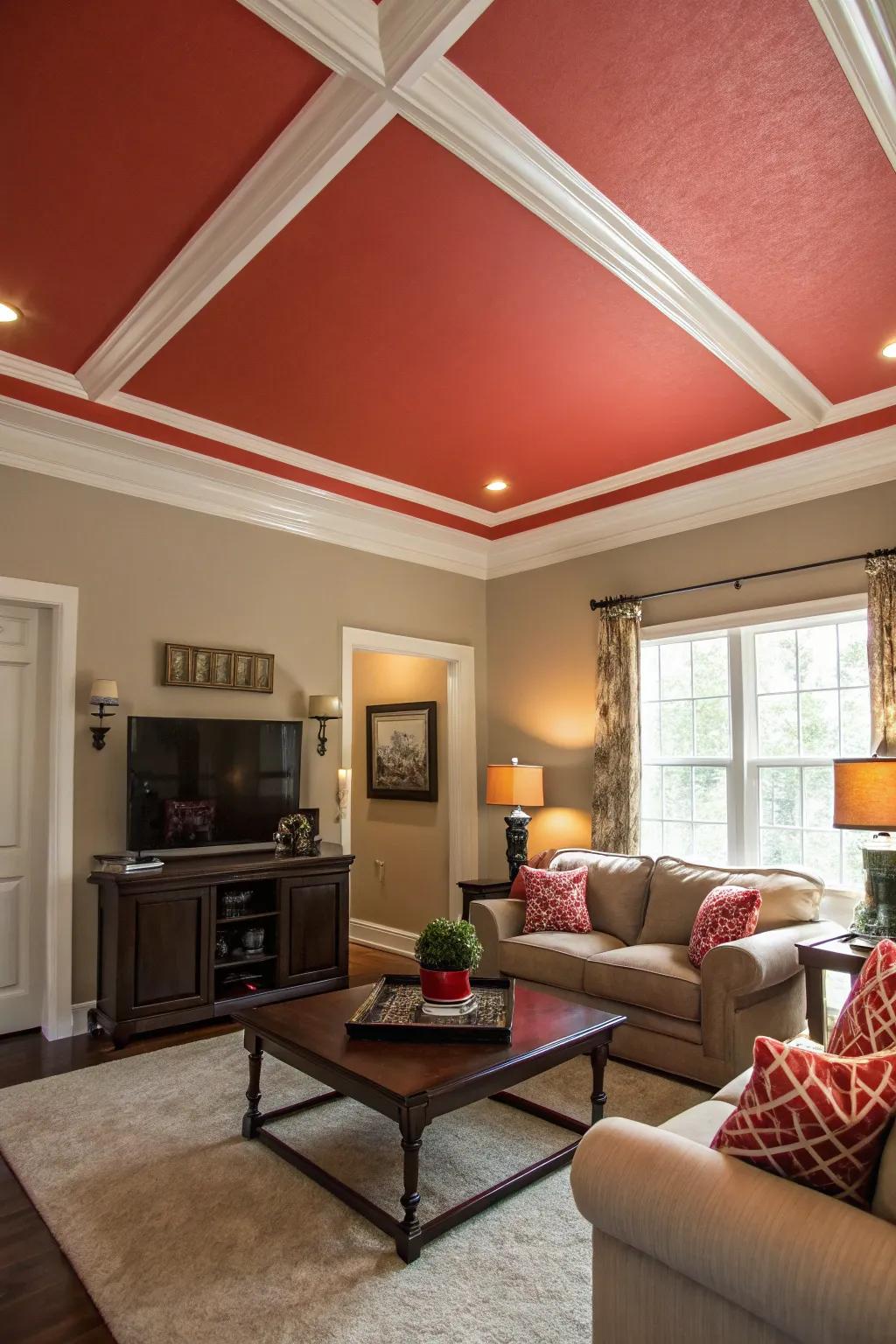 A living area featuring a tray ceiling boldly painted to create a striking visual contrast.